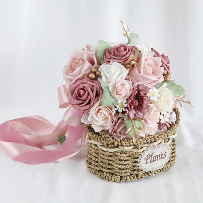 S_SSOY Wedding Bouquet Bride,Bride Bridal Bouquet Bridesmaid Artificial Flowers for Ceremony Anniversary Party Bridal Shower Decoration Wedding Bouquets (Bean Paste Pink)