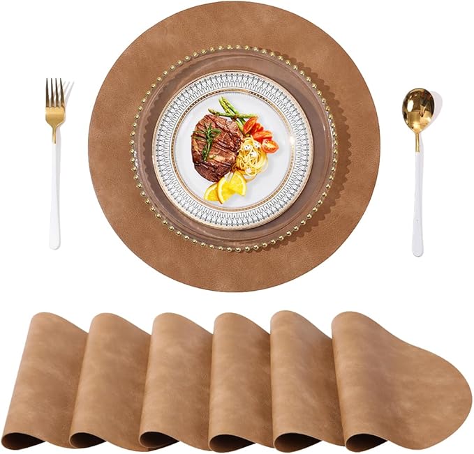 UnivoColors PU Leather Placemats Set of 6,15 Inches Round Washed Cowhide Pattern Table Mats for Dining Table, Kitchen, Party Decoration(Retro Camel)