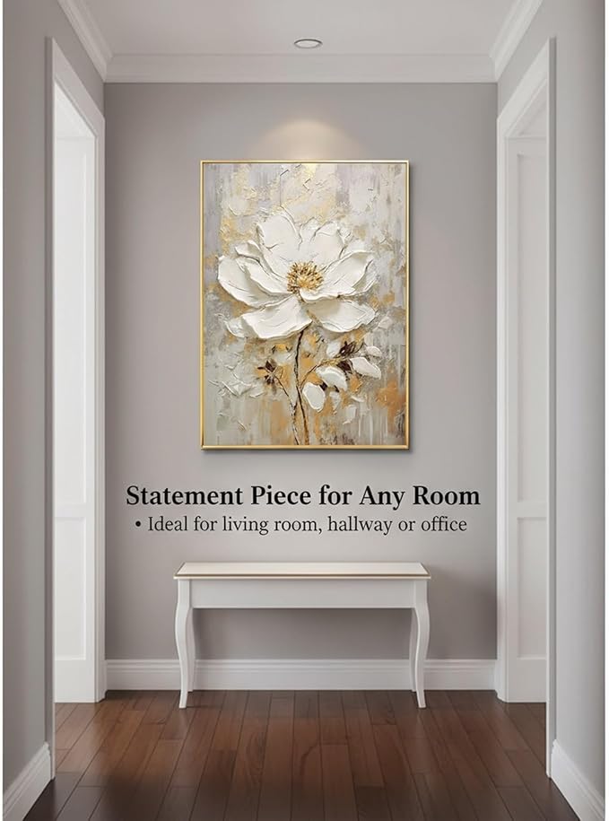 Large Hand Painted Flower Oil Painting for Ofiice-3D White Floral Canvas Wall Art for Bedroom- Framed Modern Artwork for Living Room Home Decoration 32x48inches
