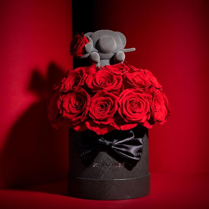 JoyFlower Preserved Real Rose in Acrylic Box, Forever Flowers Red Rose Bear Gift for Women Wife Girlfriend Mom Grandma, Eternal Rose Gifts for Birthday, Anniversary, Christmas, Valentines Mothers Day