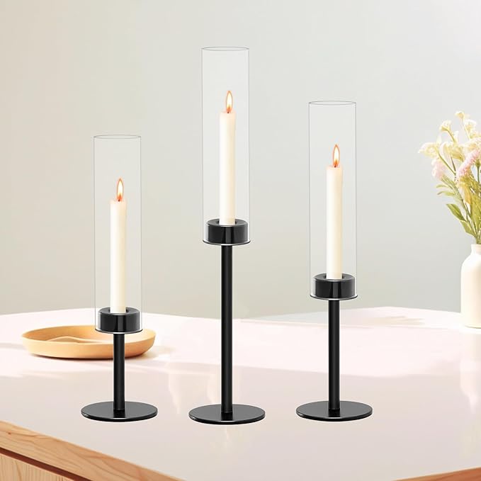 Black Taper Candle Holder Set with Glass Hurricane – Modern Candlestick Holders for Dining Room, Premium Gift Set for Wedding, Fall Centerpieces for Tables, Warmly Gift for Home Decor, Christmas Decor