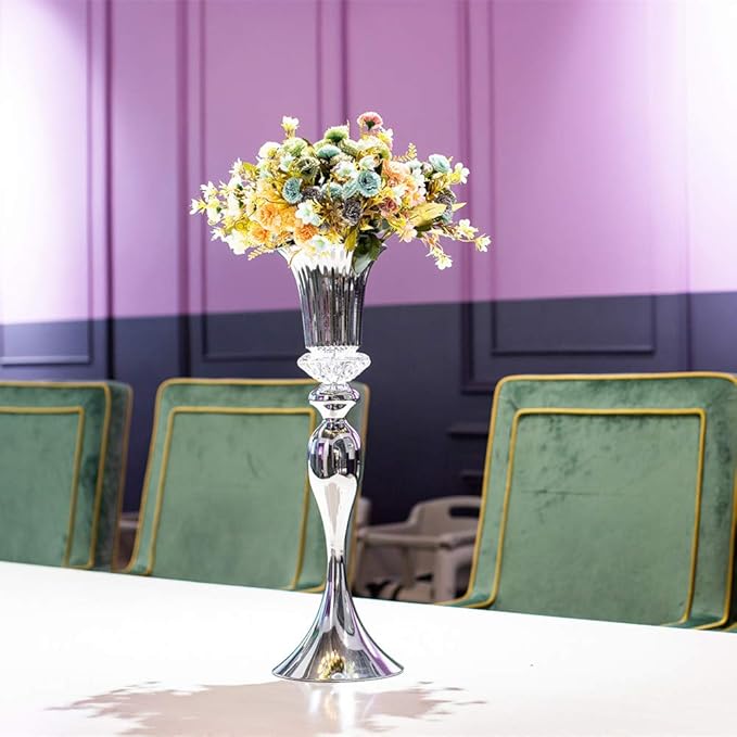 Metal Trumpet Wedding Flower Vases, 22" Tall Elegant Table Centerpiece Vases, Gold Flower Arrangement Stands for Anniversary Ceremony Birthday Party Event Wedding Home Decoration (Silver, 22"-2pcs)