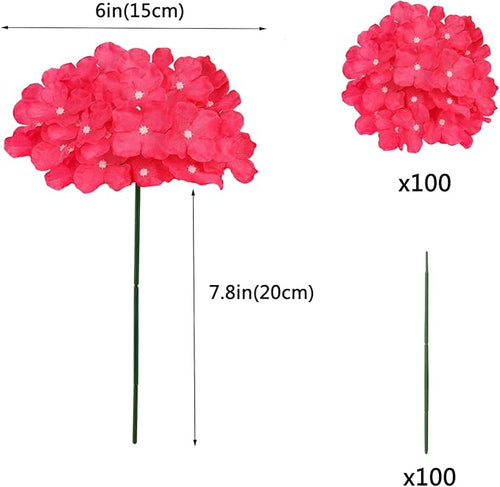 100PCS Artificial Hydrangea Flowers, Fake Flowers Silk Hydrangea Full Flowers Heads with Stems for Wedding Home Party Shop Baby Shower Decor (Rose Red)