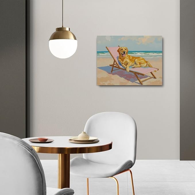 Pink Beach Chair Dog Decor Beach House Wall Decor Canvas Wall Art Framed Art Prints Artwork Posters for Home Living Room Bathroom Dog Mom Room Wall Decorations Paintings Pictures 14.5X11.5 Inch