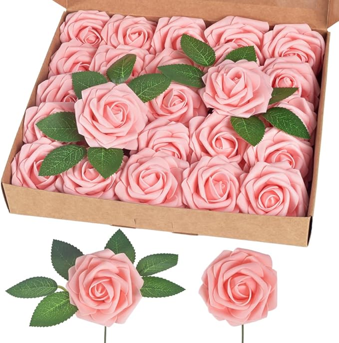 homEdge Artificial Rose, 25pcs Foam Artificial Flowers with Stem for Home Decorations, Wedding Bouquets, Party, Certerpieces, Anniversaries-Blush