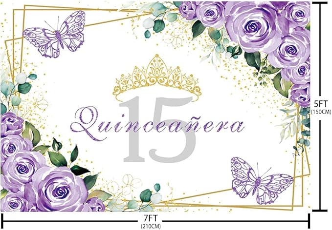 SENDY 7x5ft Quinceañera Backdrop Mis Quince 15 Anos Birthday Party Decoration Supplies for Girl Princess Purple Floral Butterfly Gold Crown Photography Background Banner Photo Booth Studio Props Vinyl