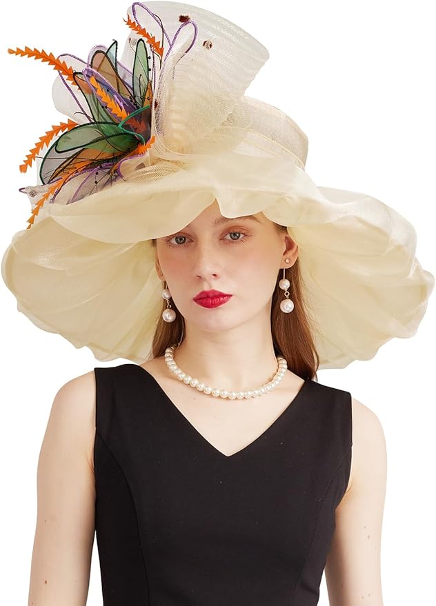 Organza Derby Hats for Women Wide Brim Fascinator Hat Rose Flower Wedding Tea Party Hat