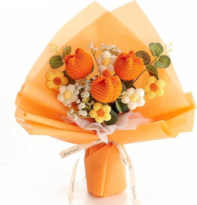 Crochet Flower Bouquet Handmade Knitted Sunflower Tulip Rose Daisy