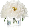 Artificial Peonies Flowers Arrangements in Cube Glass Vase, WELLKNOWN Ivory White Silk Flower Centerpieces for Dining Room Table, Coffee Table Decor, Faux Peony Flowers with Faux Water