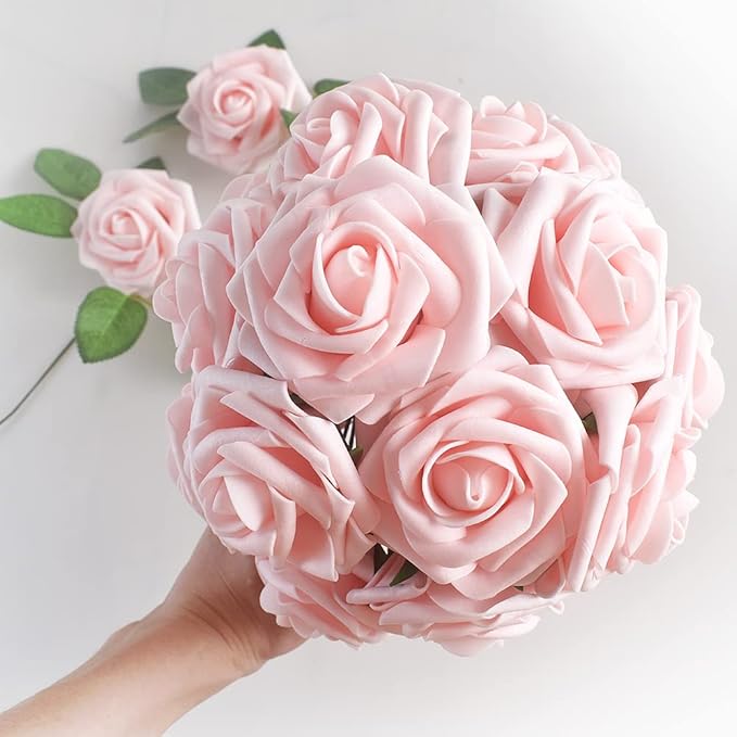 homEdge Artificial Rose, 25pcs Foam Artificial Flowers with Stem for Home Decorations, Wedding Bouquets, Party, Certerpieces, Anniversaries-Champagne Pink