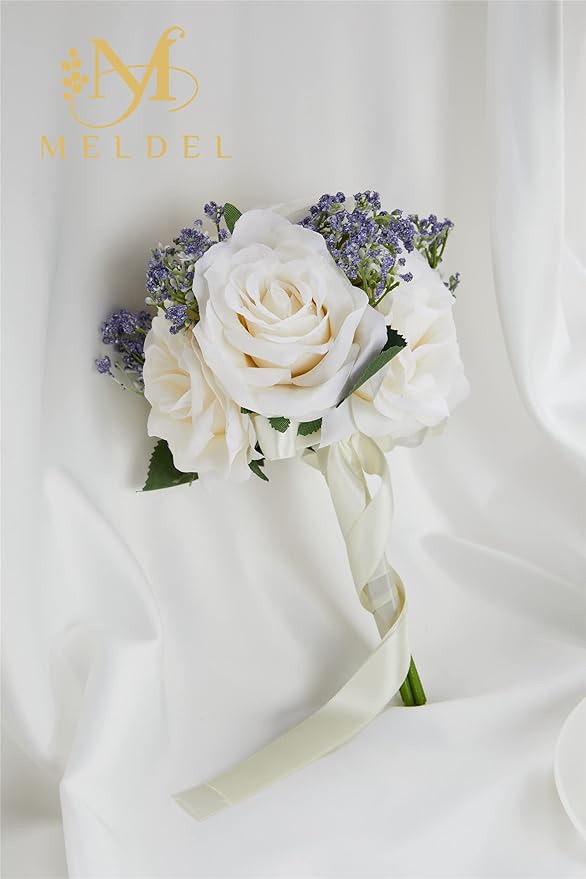 Meldel 6.5 Inch Ivory Bridesmaid Bouquets, Set of 2, Small Rose Artificial Wedding Bouquet Centerpiece Decorations for Wedding