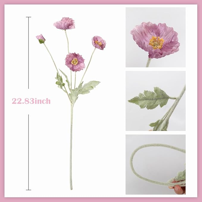 8PCS Purple Poppy Flowers Artificial 22.8" Realistic Faux Silk Poppies Flowers with Stems for Wedding Party Table Centerpiece Home Decor(Purple)
