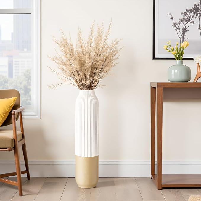 Tall Floor Vase, 23.6 inches (60cm) Tall Vases Sturdy, Luxury, Textured for Decorative Branches Dried Flowers, Floor Vase for Rustic, Living Room, Shelf Decor, Resin White