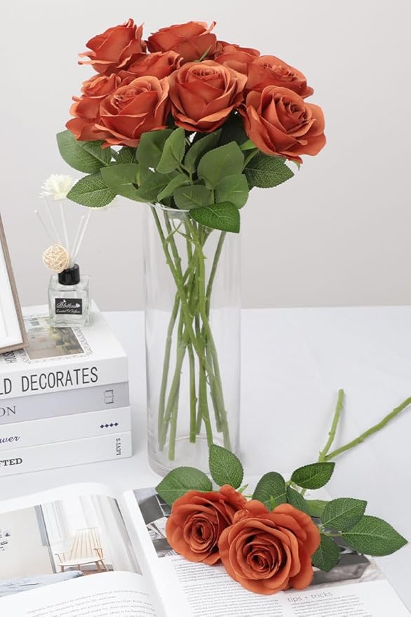30pcs Roses Artificial Flowers Burnt Orange Fake Roses Flowers with Long Stems Silk Flowers for Wedding Bouquet Centerpices Decorations Party Bridal Baby Shower Home Decor