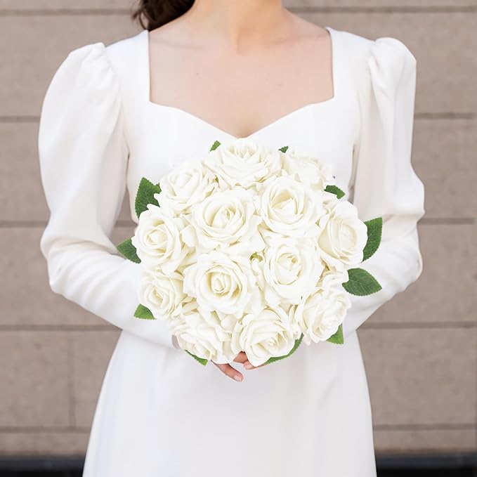 White Roses 16pcs Velvet White Artificial Roses Flowers 3.15" Silk Roses for Bridal Bouquet Wedding Flowers for Floral Centerpieces Home Party Decor (White)
