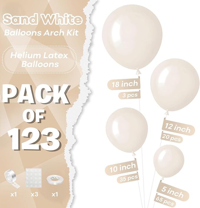 Sand White Balloons Different Size, 123 Packs Beige Balloons Arch Kit, Pack of 18 12 10 5 Inch Ivory Cream Balloons Garland for Boho Birthday Party Wedding Anniversary Baby Shower Decoration