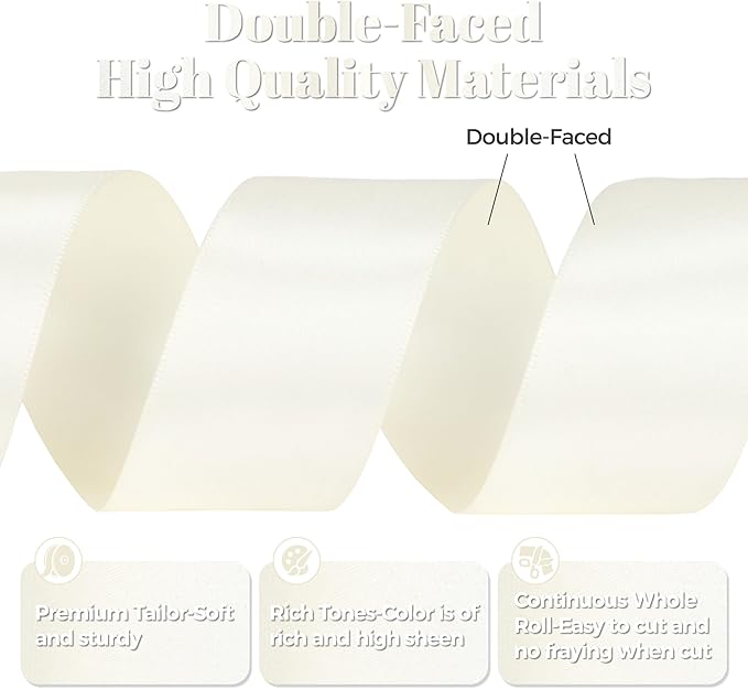 Ivory Satin Ribbon, Double Faced 1-1/2 Inch X 25 Yards Ivory Ribbon, Premium Satin Ribbon for Gift Wrapping, Crafts, Hair Bow Making, Sewing, Flower Bouquet, Wedding Party Decor