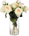 ENOVA FLORAL 9 Heads Silk Rose Artificial Flowers in Vase,Faux Rose Flowers Arrangement in Vase with Faux Water for Table Decor Centerpieces (Champagne)
