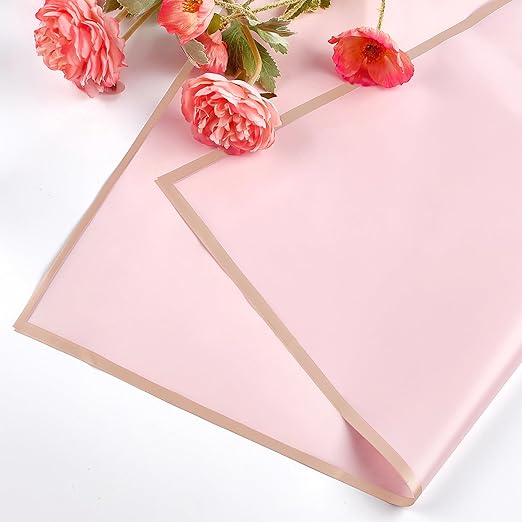Jutieuo 20 Sheets Pink Flower Wrapping Paper, Waterproof Floral Wrap Gold Edge Bouquet Wrapping Paper Florist Supplies (22.8 x 22.8 inch)