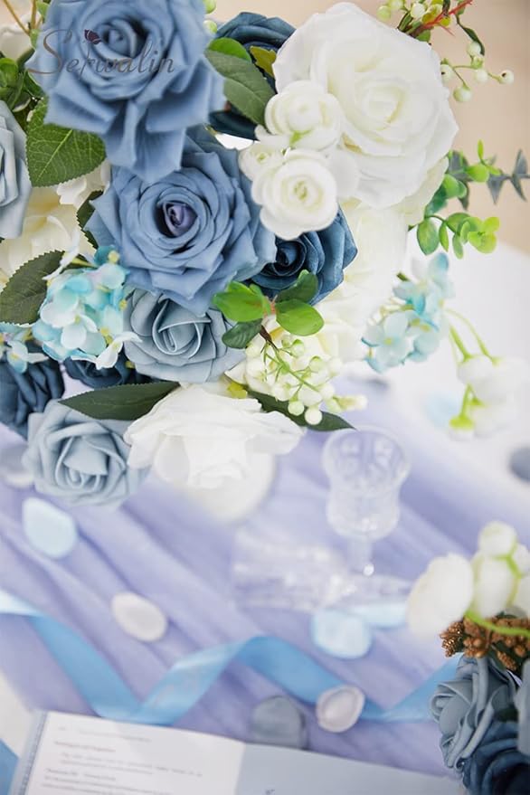 Serwalin Artificial Flowers Blue Fake Silk Foam Wedding Flowers for Bridal Bouquet White Roses with Stems for Home Party Decoration Faux Flower Table Centerpieces Arrangements for Baby Shower
