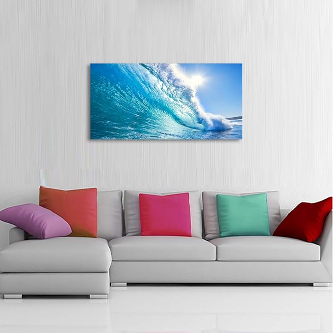Blue Secape Canvas Prints Wall Art Blue Ocean Wave Surfing Sea Picture Paintings on Canvas Modern Canvas Art for Living Room Bedroom Office Wall Decorations Ready to Hang-24x48inches