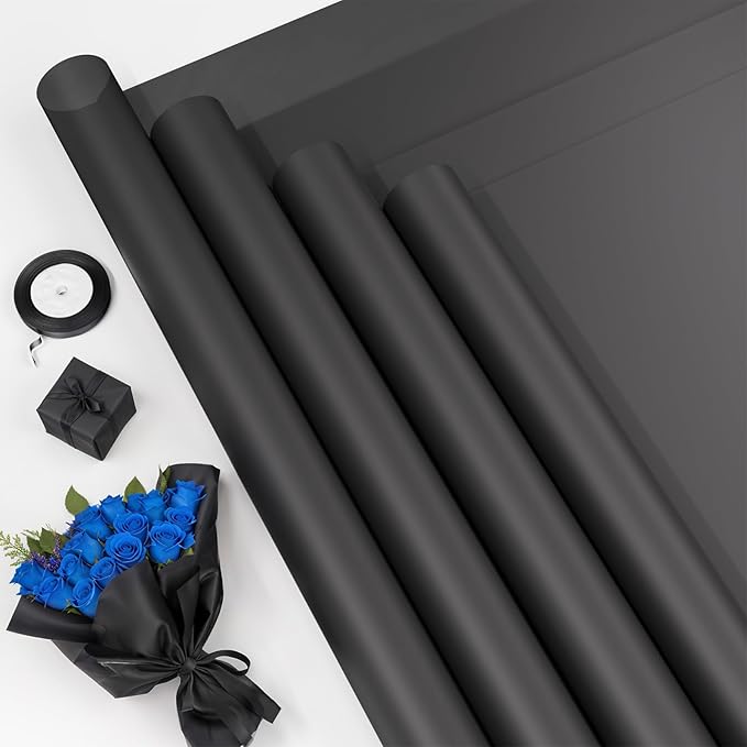 YTDEK Flower Wrapping Paper 20 Sheets Black Floral Bouquet Wrapping Paper with Ribbon for Florist Supplies Birthday Graduation Anniversary Wedding Shower
