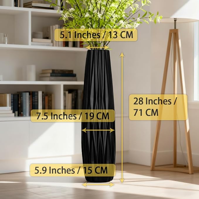 Tall Black Floor Vase – 28" Twisted Geometric Ceramic Vase for Modern Home, Living Room, Table Centerpiece or Corner Decoration