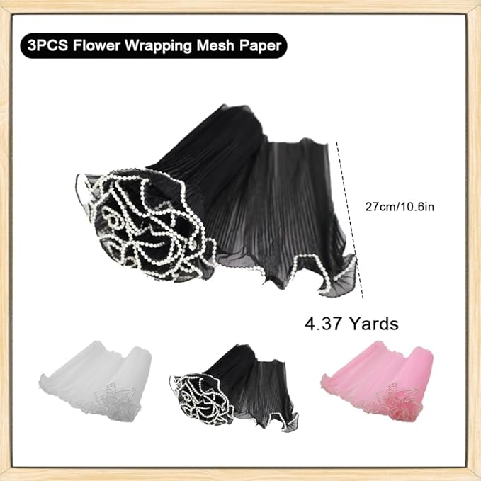 3PCS Flower Wrapping Mesh Paper，SEILETOO 4.37 Yards Pearl Edge Bouquet Packaging Paper for Party Favor Decor, Florist Supplies Wedding Gift Packaging