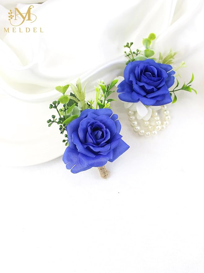 Meldel Boutonniere and Wrist Corsage for Wedding, Set of 2, Pearls Wristlet Corsage for Bride Bridesmaids, Boutonniere for Man Groom Best Man Wedding Flower Accessories Prom Ceremony Party Suit Decor