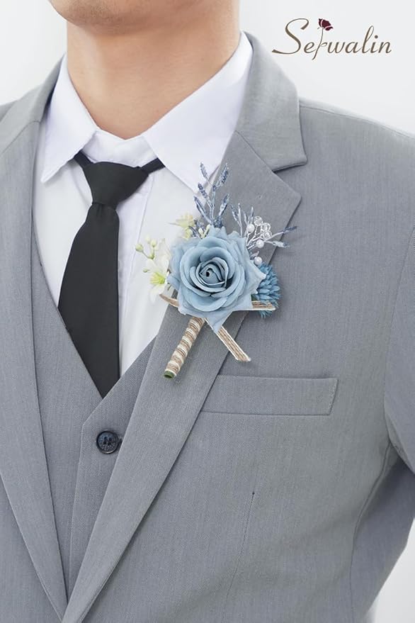 Serwalin Corsage and Boutonniere Set, Boutonniere and Wrist Corsage Wristlet Prom Homecoming Wedding Flowers Accessories Prom Suit Decorations (Blue & Dusty Blue)