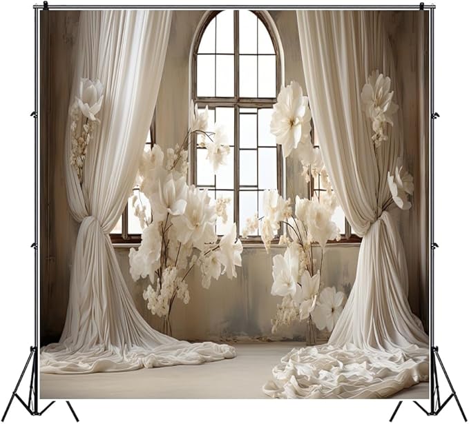 8x8ft Wedding Party Decorations Banner Backdrop Wedding Reception Photography Backdrop White Floral Flowers Curtains French Frame Photo Backgrounds Baby Shower Photo Shoot Portraits Props