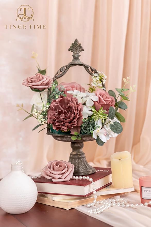 TINGE TIME Artificial Flowers Dusty Rose & Cream Flower Combo for DIY Wedding Bouquets Table Centerpieces Arrangements Party Baby Shower Home Spring Decorations