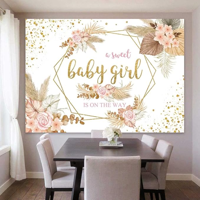 Sensfun Boho Sweet Girl Baby Shower Backdrop It's A Girl Baby Shower Photography Background Blush Pink Floral Pampas Grass Party Decorations Banner Newborn Photo Shoot Props 7x5ft