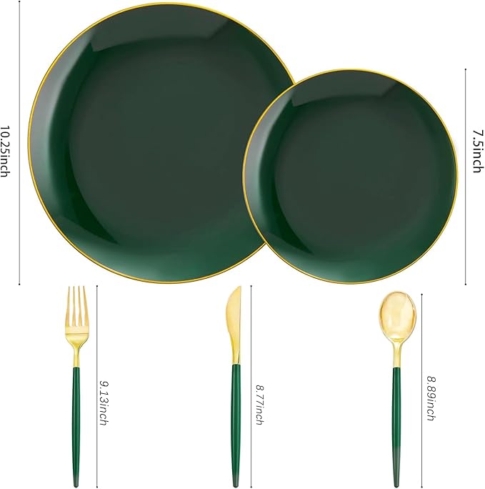 Liacere 150PCS Green Plastic Plates - Gold Plastic Silverware with Green Handle - Heavy Duty Fancy Plastic Plates Disposable Include 30 Guests Plates, Forks, Spoons, Knives for wedding＆Christmas