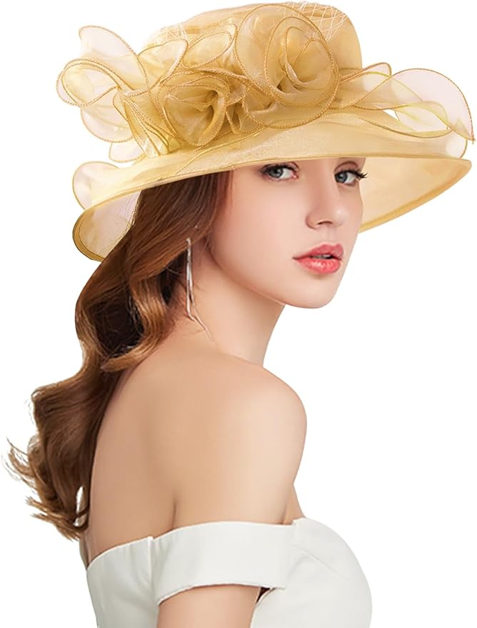 Organza Derby Hats for Women Wide Brim Fascinator Hat Rose Flower Wedding Tea Party Hat