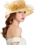 Organza Derby Hats for Women Wide Brim Fascinator Hat Rose Flower Wedding Tea Party Hat