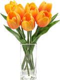 Briful Fake Flowers Artificial Tulip Flower Orange in Clear Vase, Real Touch Foam Tulip Arrangement Suitable for Home Office Decoration, Dining Table Centerpiece