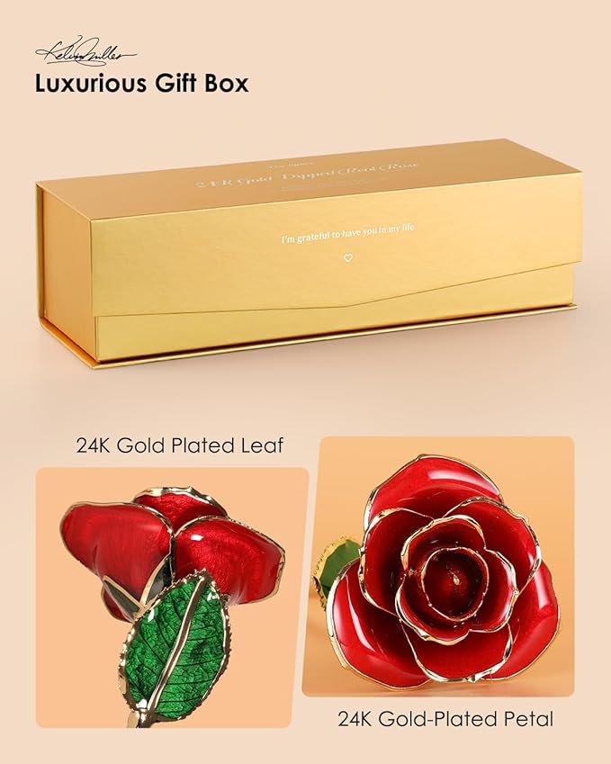 24K Gold Dipped Rose – Handpicked Real Rose Preserved in 24K Gold – Passionate, One-of-a-Kind Romantic Gift for Her – Ideal for Birthday, Anniversary, Mother’s Day, Valentine’s Day (Red)