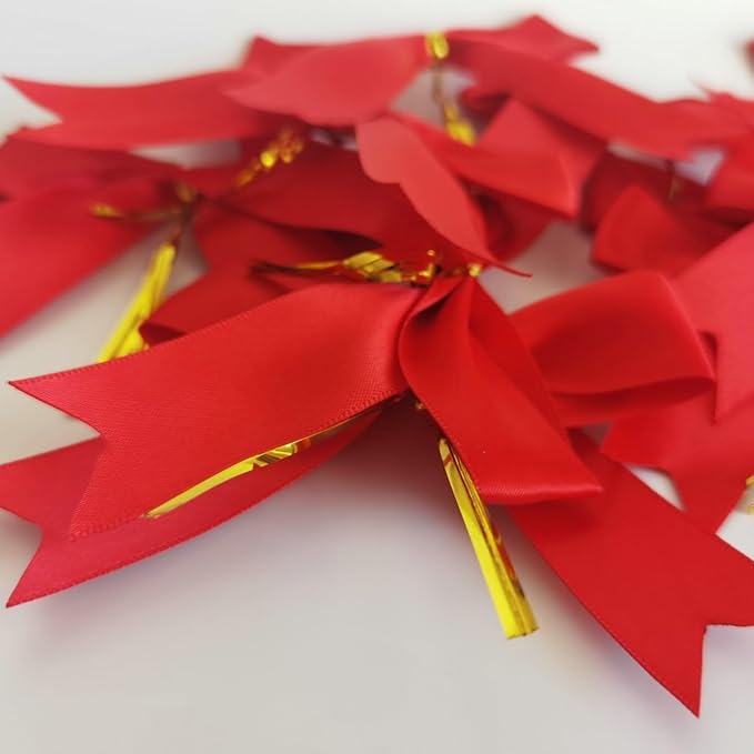 50pcs 3.5" Red Satin Ribbon Bows Twist Tie Bows for Gift Wrapping Christmas Tree Decoration with Fish Tails (Red)