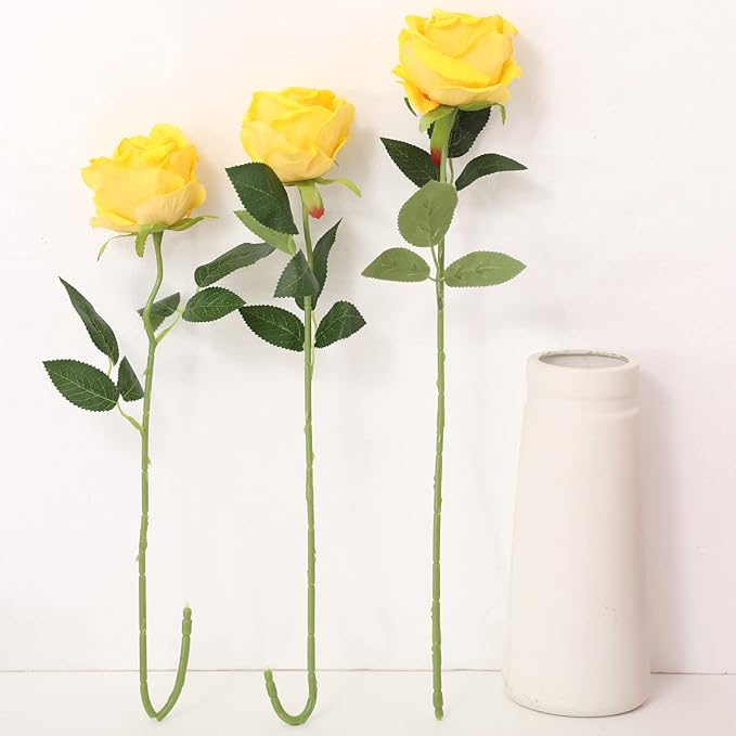 15Pcs Yellow Roses Artificial Flowers Fake Roses Long Stem Velet Rose Silk Flowers for Home Wedding Decoration (Round Rose,Yellow)