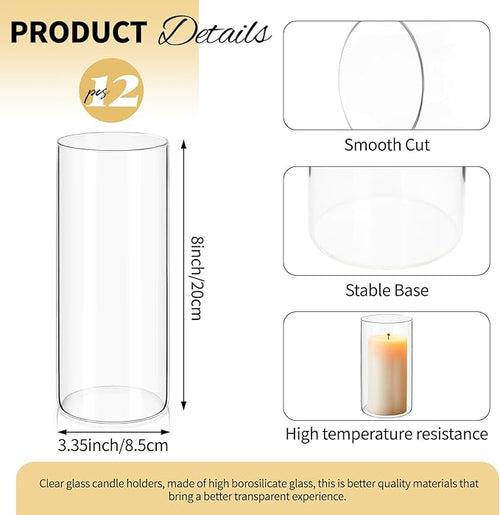 12Pack Glass Cylinder Vases for Centerpieces - 8 Inch Tall Flower Vase for Wedding Decorations, Floating Candle Holder Vase Bulk,Glass Hurricane Candle Holders for Table Shelf, Party, Home Decor