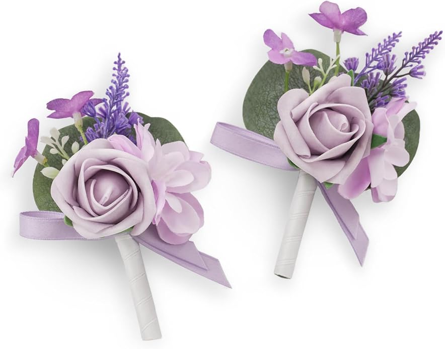 TINGE TIME Lavender Boutonniere for Men Wedding, Set of 2, Groom Groomsmen Boutineers Decor for Ceremony Anniversary, Formal Dinner Homecoming and Rustic Vintage Wedding