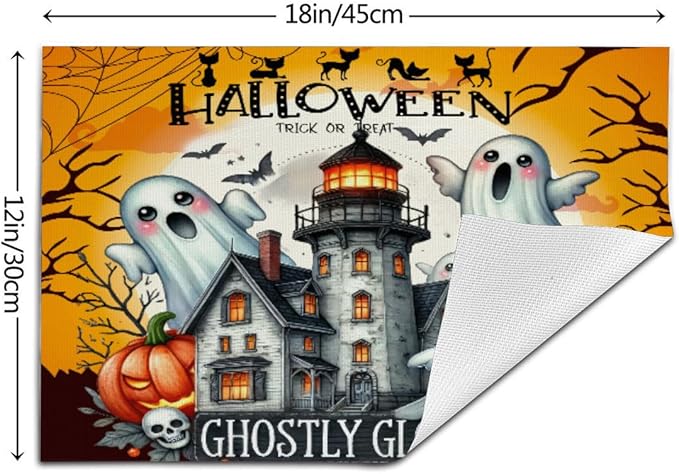 PVC Placemats Set of 6 Wipeable Table Mats Washable Heat Resistant Non Slip Vinyl Dining Table Mat for Kitchen Indoor Outdoor Patio Farmhouse Place Mats Black Halloween Castle Decorative