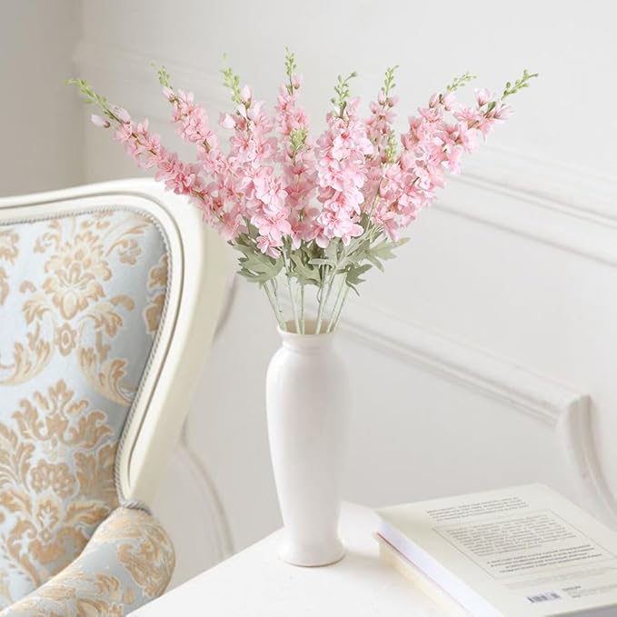 8PCS Pink Delphinium Artificial Flowers 33.5in Long Stem Larkspur Fake Silk Flowers for Tall Vase Faux Flowers for Home Wedding Baby Shower Floral Arrangement Centerpiece Table Decoration (Pink)