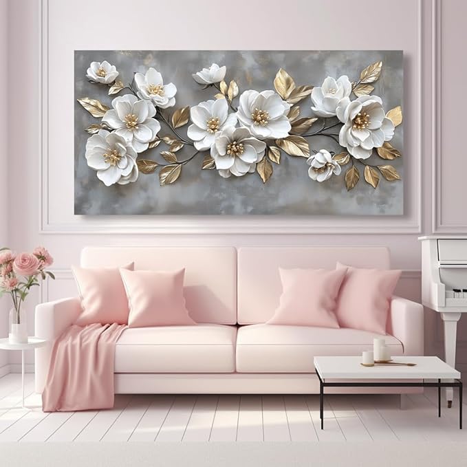 LAVIKARS Modern Gray Flowers Wall Art for Living Room Office White and Golden Floral Landscape Canvas Painting Prints Large Delicate Petals Artwork Kitchen Home Bedroom Decor (23x46 Inches)