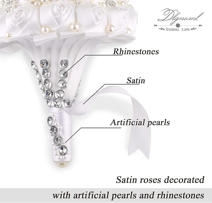 Handmade Wedding Flowers Bridal Bouquets Crystal Bride Holding Bouquet White Ivory Satin Roses with Diamond Pearl Ribbon.(allwhite)