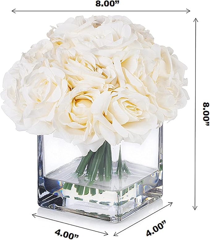 Enova Floral 18 Pieces Artificial Silk Roses Fake Flower Arrangement in Cube Glass Vase with Faux Water for Home Office Wedding Decoration (Cream)