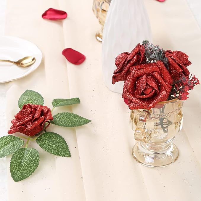 IPOPU Artificial Flowers,50pcs Red Sparkly Roses Glitter Flowers Bling Artificial Roses with Stem for DIY Wedding Bridal Bouquet Home Party Decoration(Red)
