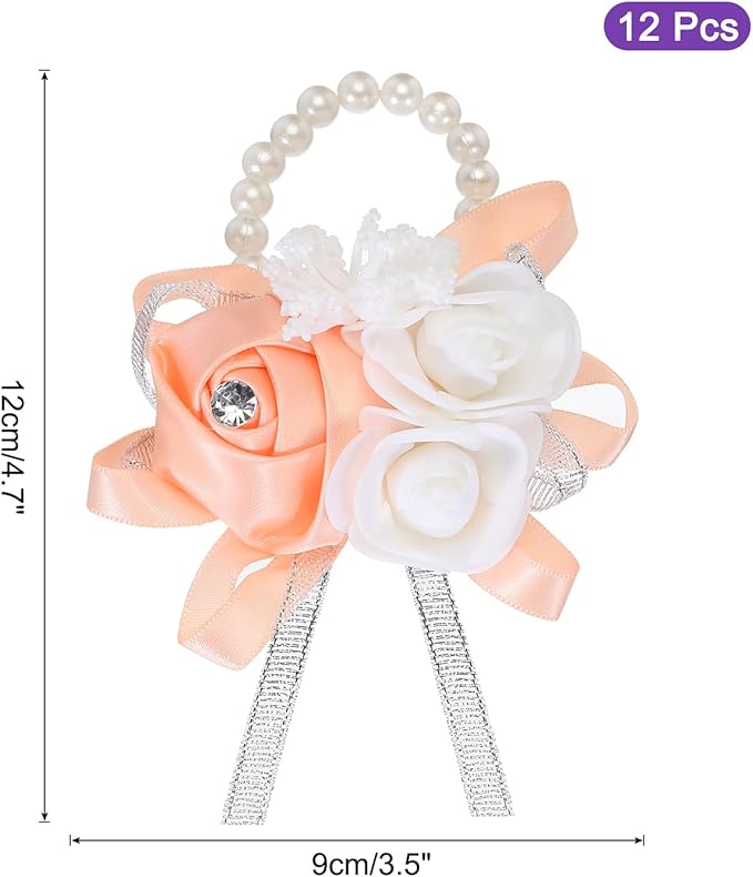 MECCANIXITY 12Pcs Wrist Corsage Artificial Flower Bracelets Rose Wrist Bride Groom Decorative for Wedding Ceremony Prom Party Anniversary Light Orange