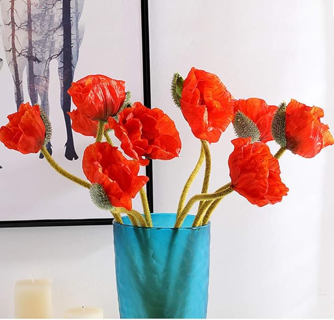 5 Pcs Artificial French Corn Poppy Silk Poppy Flocking Long Stem Flowers Home Wedding Party Decor 25" High No Vase Sunset Orange